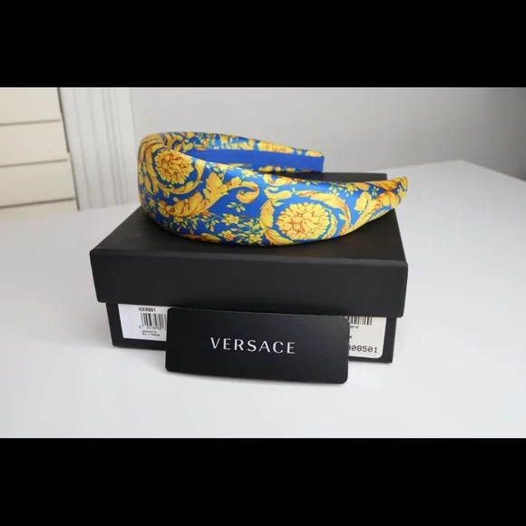 Authentic Versace Blue Gold Silk Headband Versace Ribbon Embellished Satin Headband - Blue | Editorialist main image 4